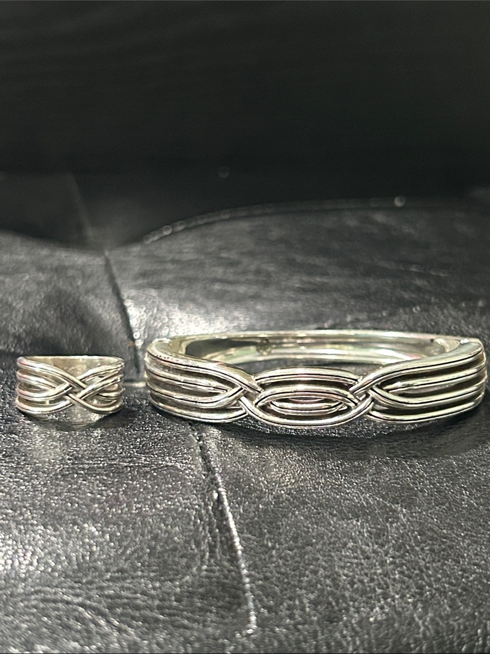 Brighton Silver Tone Interwoven Bangle and Ring Set with Brighton Pouch